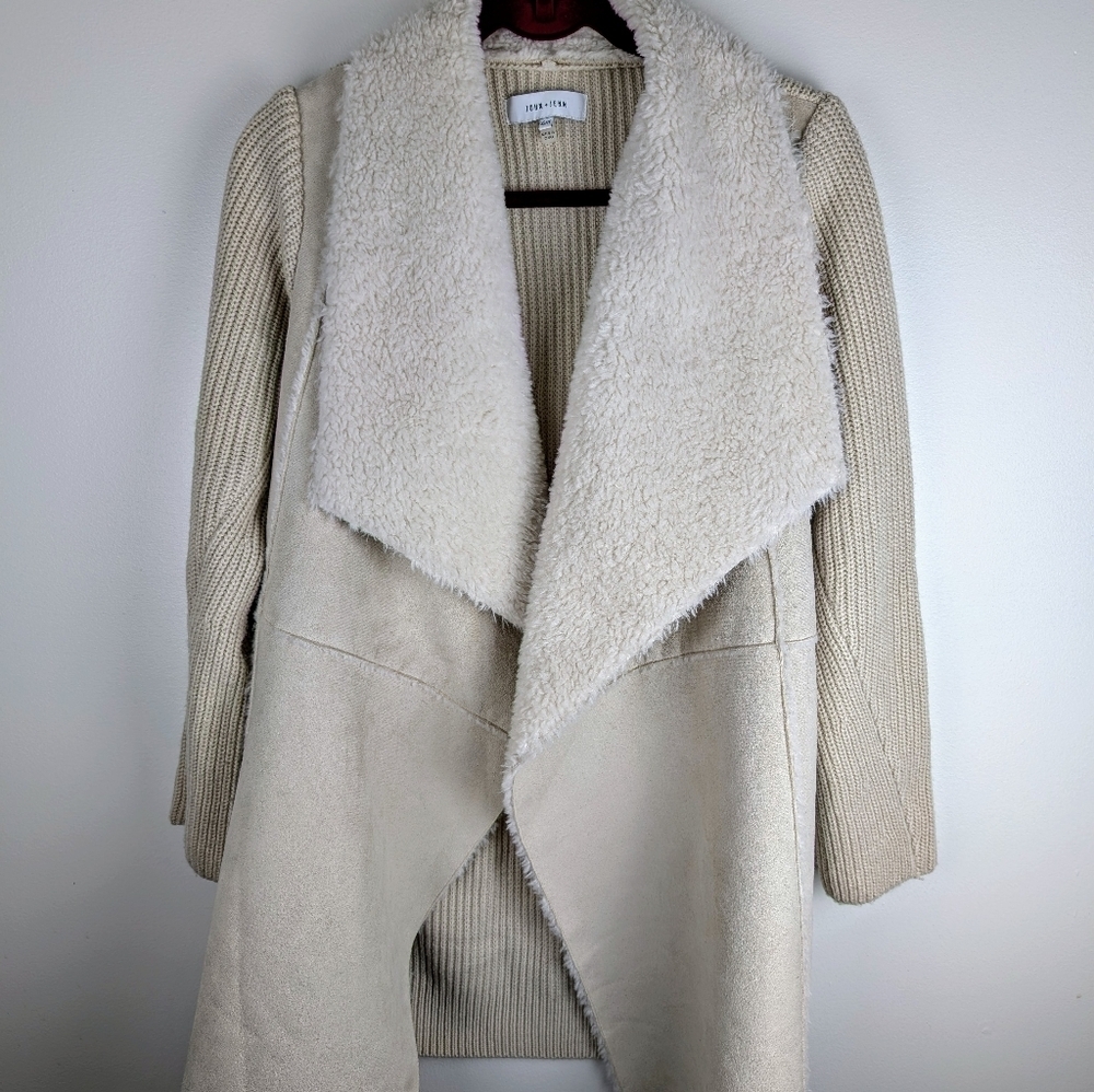 John & Jenn‎ faux fur shearling wrap chunky knit cardigan jacket NEW XS cream